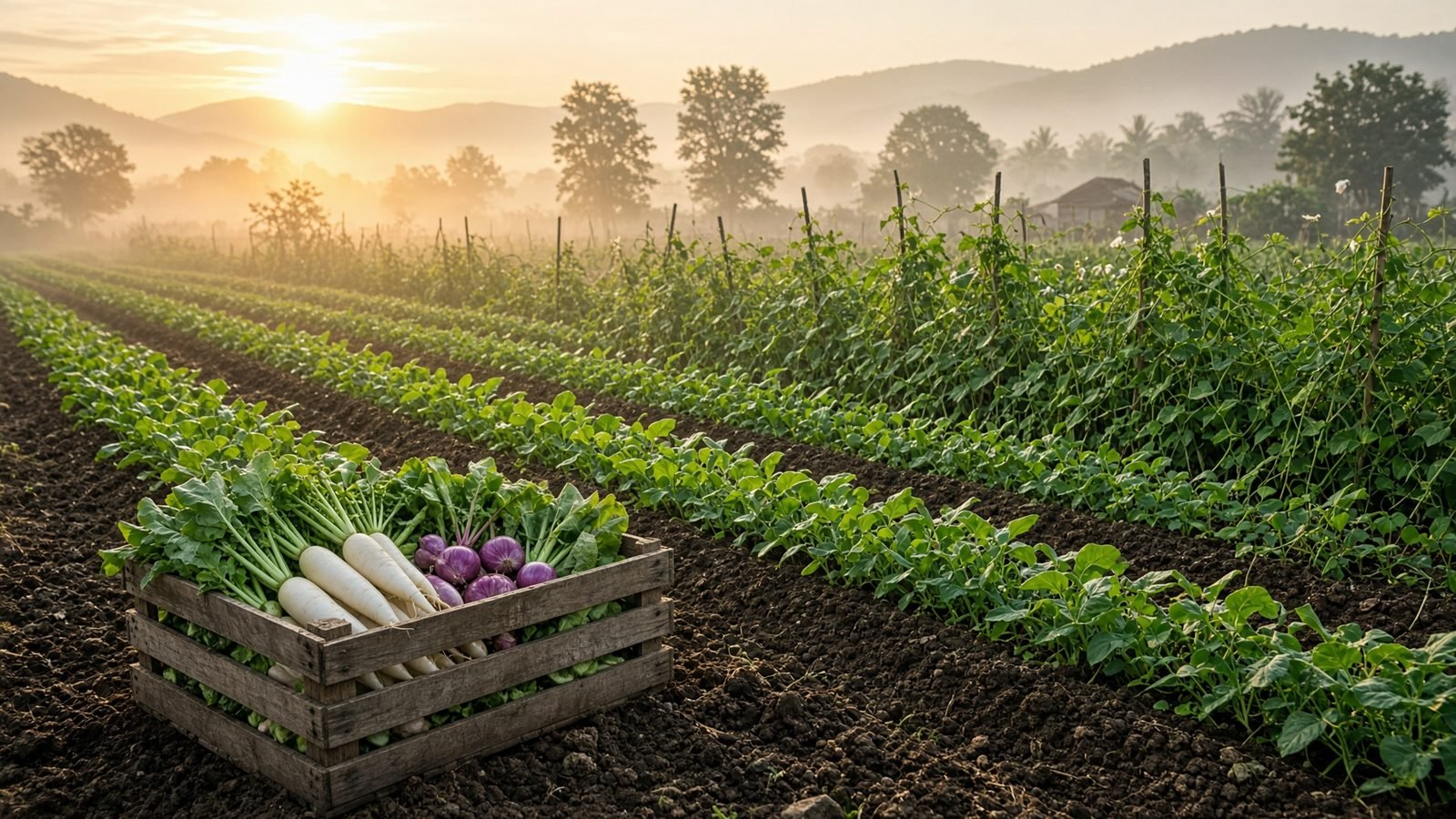Sunrise over vegetable rows