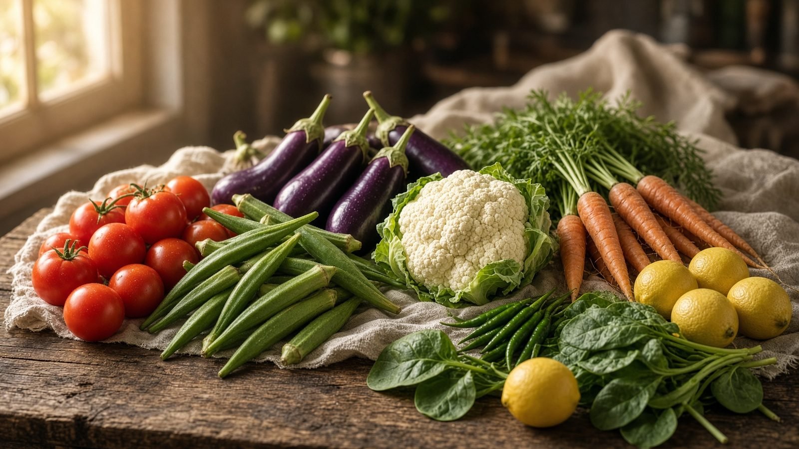 A wooden table of freshly harvested Indian vegetables