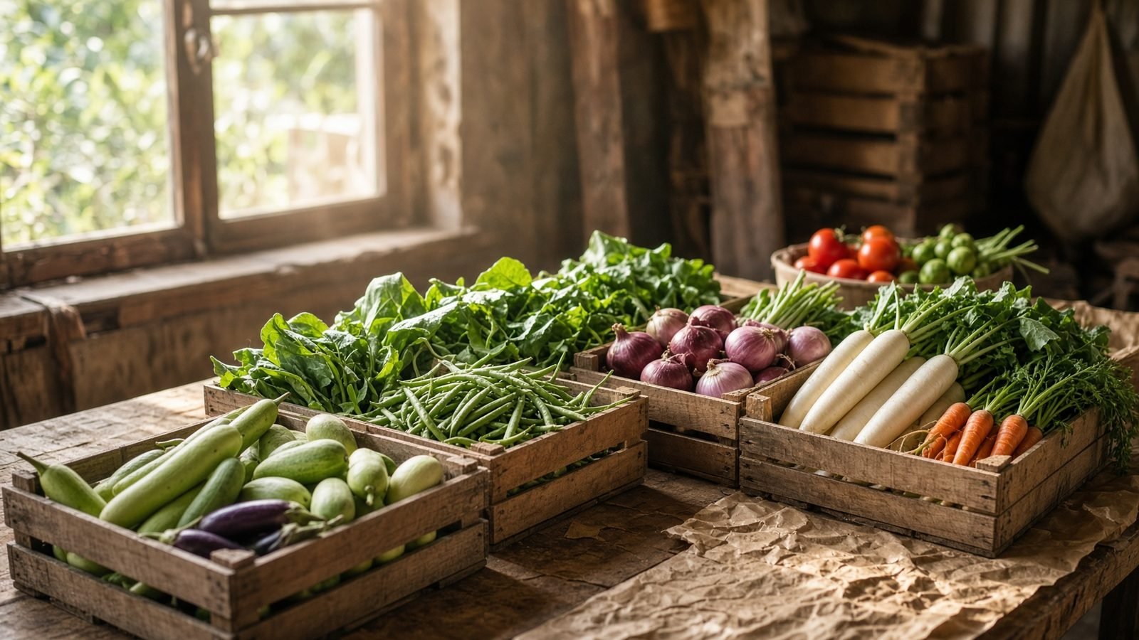 Wooden crates of mixed vegetables